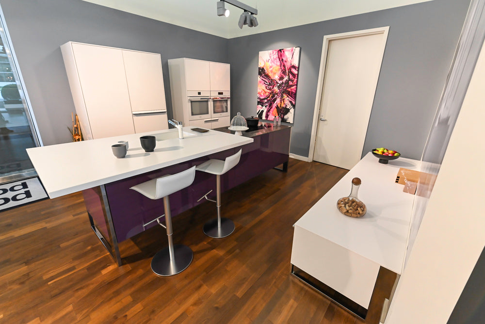 Poggenpohl High Gloss White and Purple Modern Showroom Kitchen