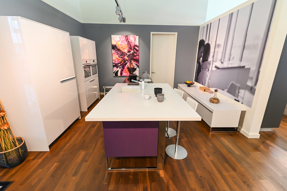 Poggenpohl High Gloss White and Purple Modern Showroom Kitchen