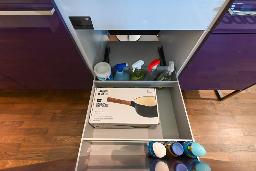 Poggenpohl Perfection: High Gloss White & Purple Modern Showroom Kitchen