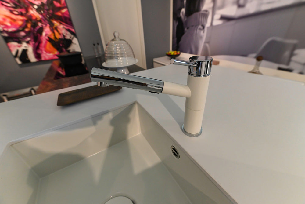 Poggenpohl Perfection: High Gloss White & Purple Modern Showroom Kitchen