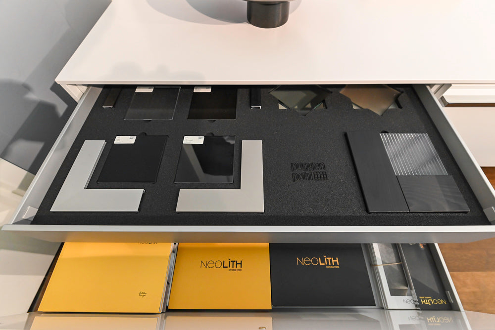 Poggenpohl Perfection: High Gloss White & Purple Modern Showroom Kitchen