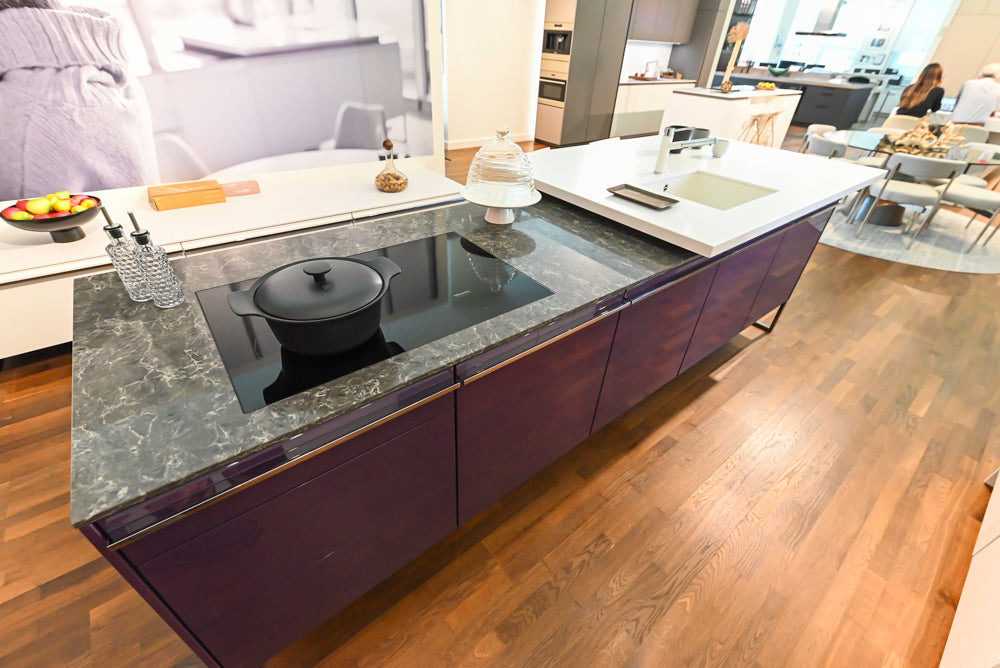 Poggenpohl High Gloss White and Purple Modern Showroom Kitchen