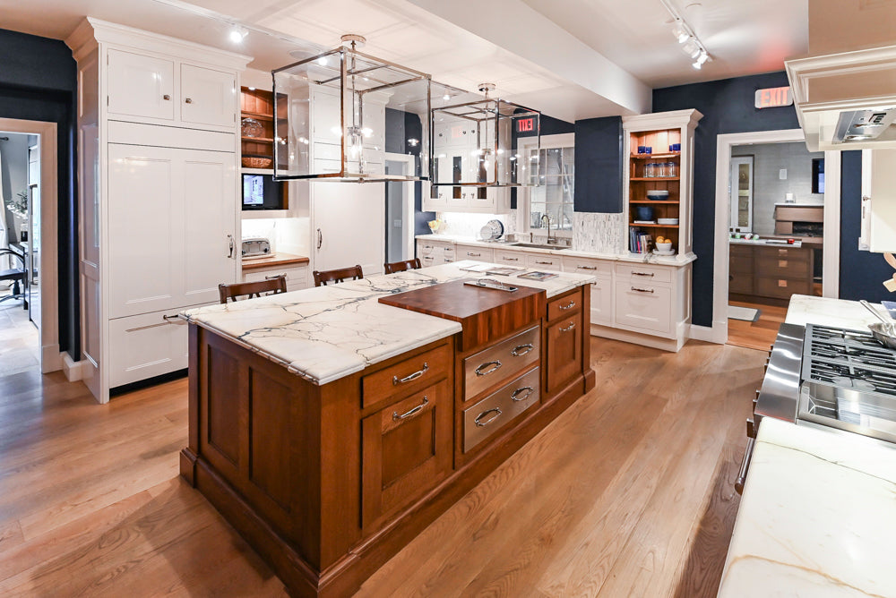 Christopher Peacock Refectory White Kitchen with Wooden Island, Marble Countertops and JennAir Appliances