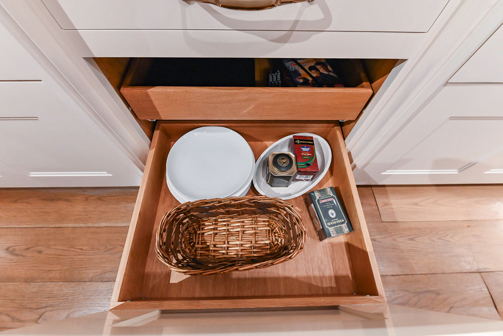 Christopher Peacock Refectory White Kitchen with Wooden Island, Marble Countertops and JennAir Appliances