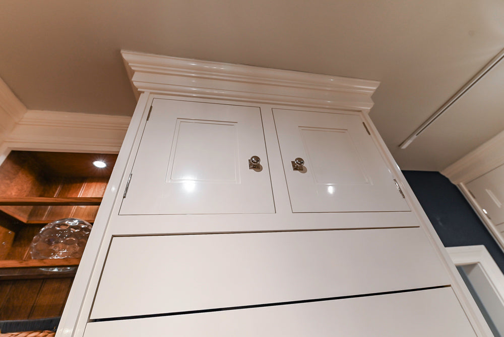 Christopher Peacock Refectory White Kitchen with Wooden Island, Marble Countertops and JennAir Appliances