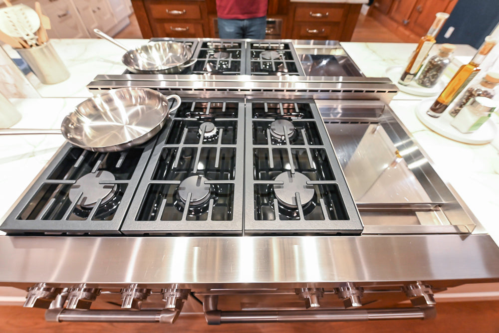 Christopher Peacock Refectory White Kitchen with Wooden Island, Marble Countertops and JennAir Appliances