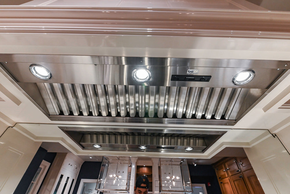 Christopher Peacock Refectory White Kitchen with Wooden Island, Marble Countertops and JennAir Appliances