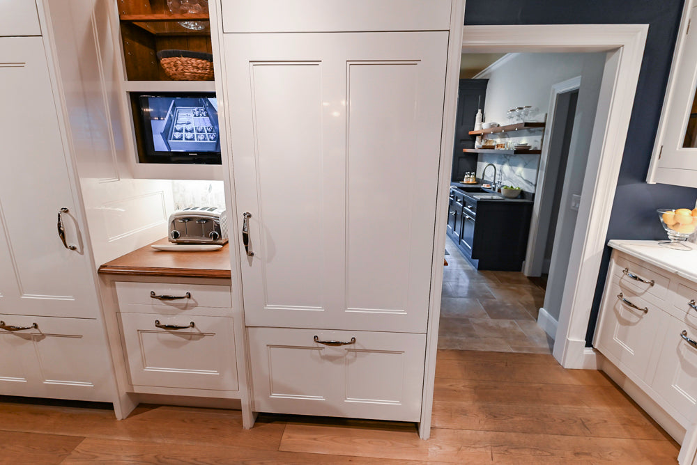 Christopher Peacock Refectory White Kitchen with Wooden Island, Marble Countertops and JennAir Appliances