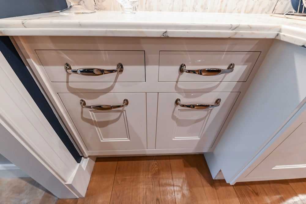 Christopher Peacock Refectory White Kitchen with Wooden Island, Marble Countertops and JennAir Appliances