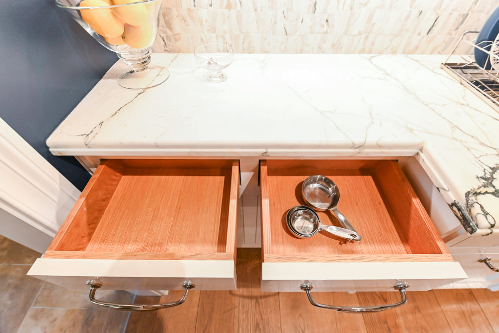Christopher Peacock Refectory White Kitchen with Wooden Island, Marble Countertops and JennAir Appliances