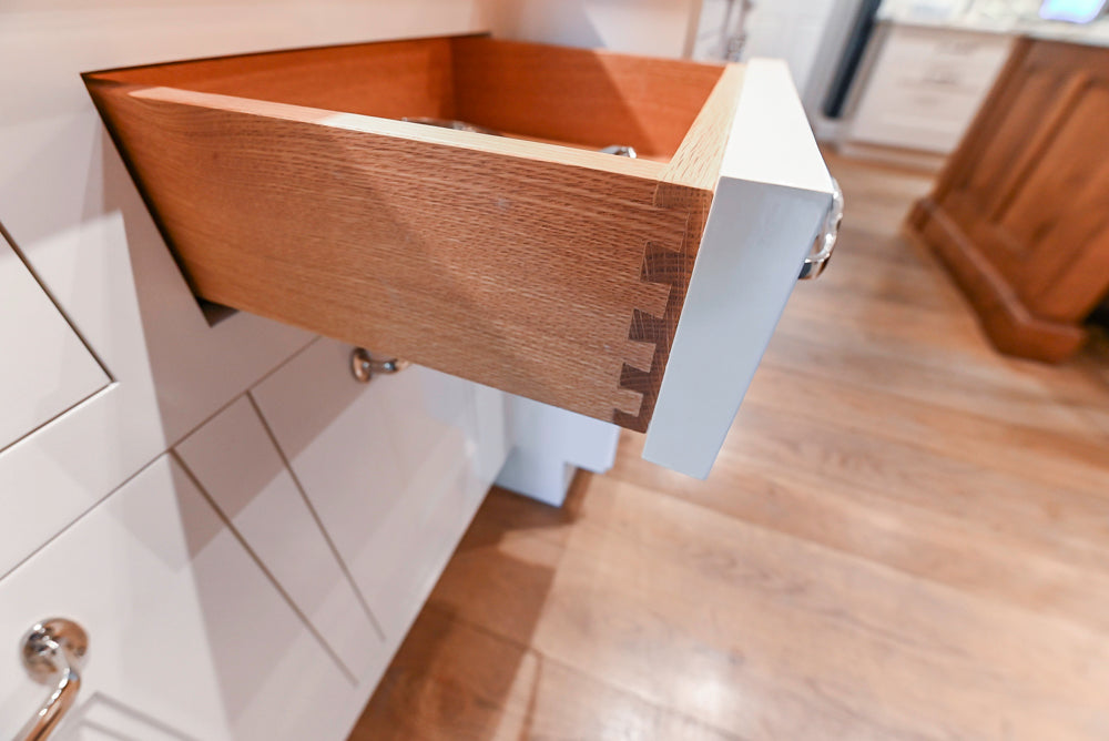 Christopher Peacock Refectory White Kitchen with Wooden Island, Marble Countertops and JennAir Appliances