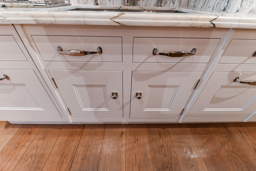 Christopher Peacock Refectory White Kitchen with Wooden Island, Marble Countertops and JennAir Appliances