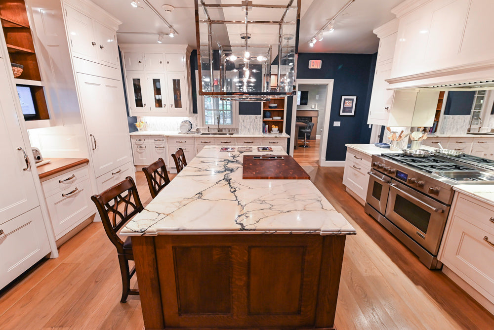 Christopher Peacock Refectory White Kitchen with Wooden Island, Marble Countertops and JennAir Appliances
