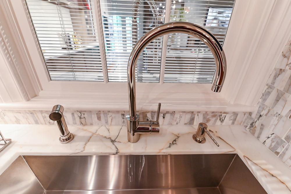 Christopher Peacock Refectory White Kitchen with Wooden Island, Marble Countertops and JennAir Appliances