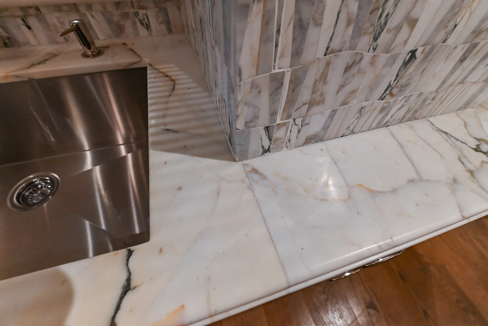 Christopher Peacock Refectory White Kitchen with Wooden Island, Marble Countertops and JennAir Appliances