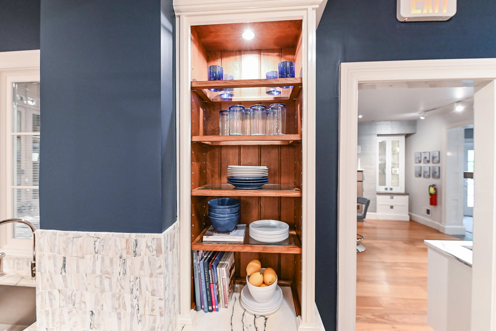 Christopher Peacock Refectory White Kitchen with Wooden Island, Marble Countertops and JennAir Appliances