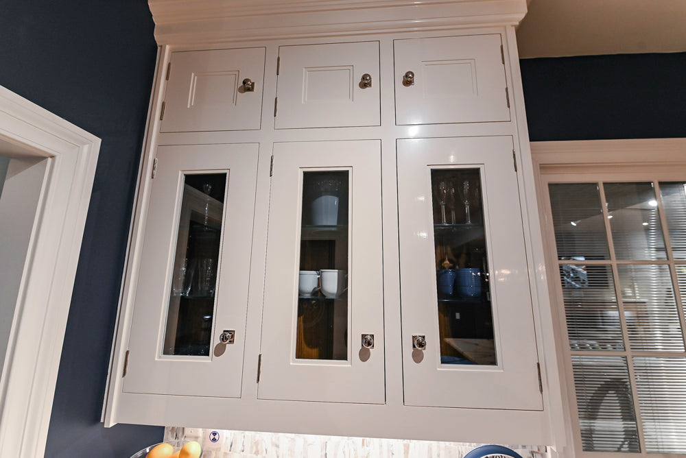 Christopher Peacock Refectory White Kitchen with Wooden Island, Marble Countertops and JennAir Appliances