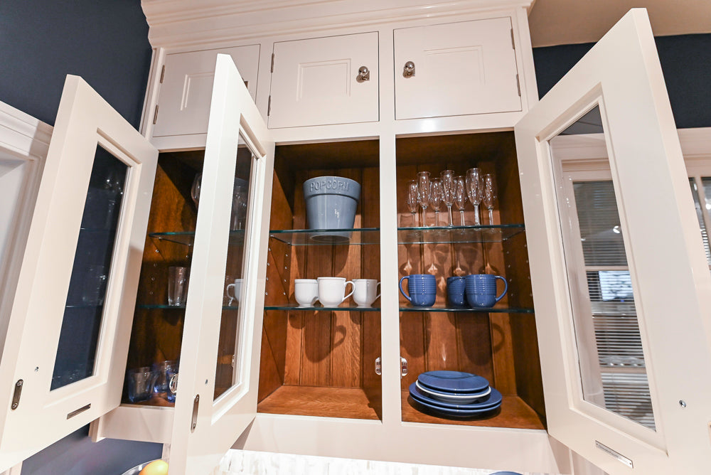 Christopher Peacock Refectory White Kitchen with Wooden Island, Marble Countertops and JennAir Appliances