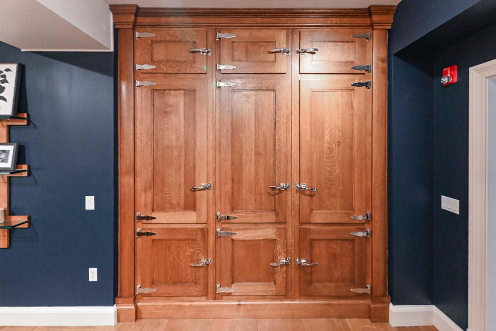 Christopher Peacock Refectory White Kitchen with Wooden Island, Marble Countertops and JennAir Appliances