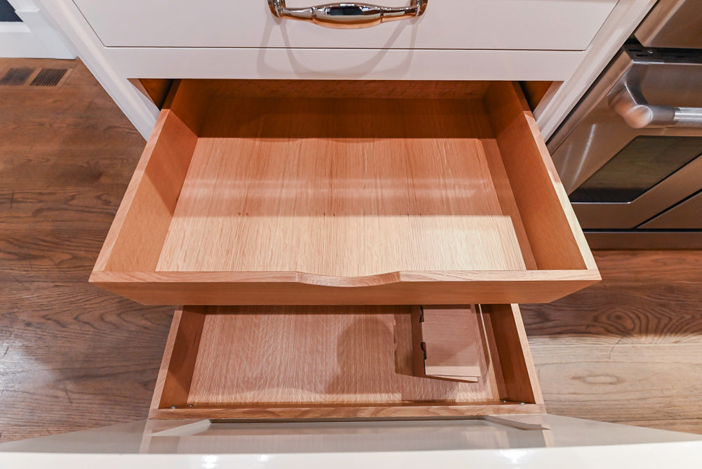 Christopher Peacock Refectory White Kitchen with Wooden Island, Marble Countertops and JennAir Appliances