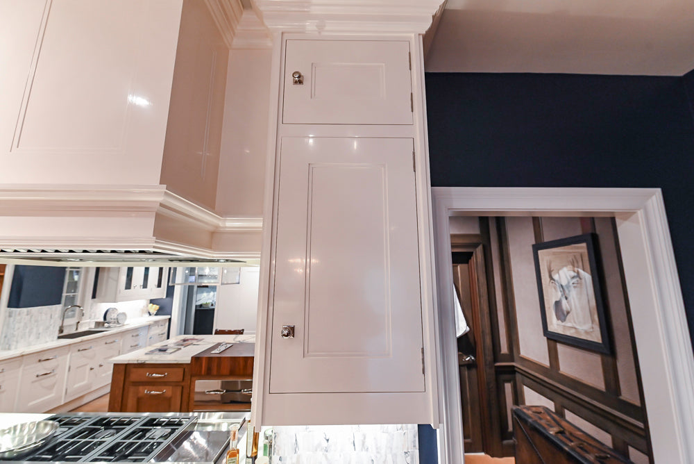 Christopher Peacock Refectory White Kitchen with Wooden Island, Marble Countertops and JennAir Appliances