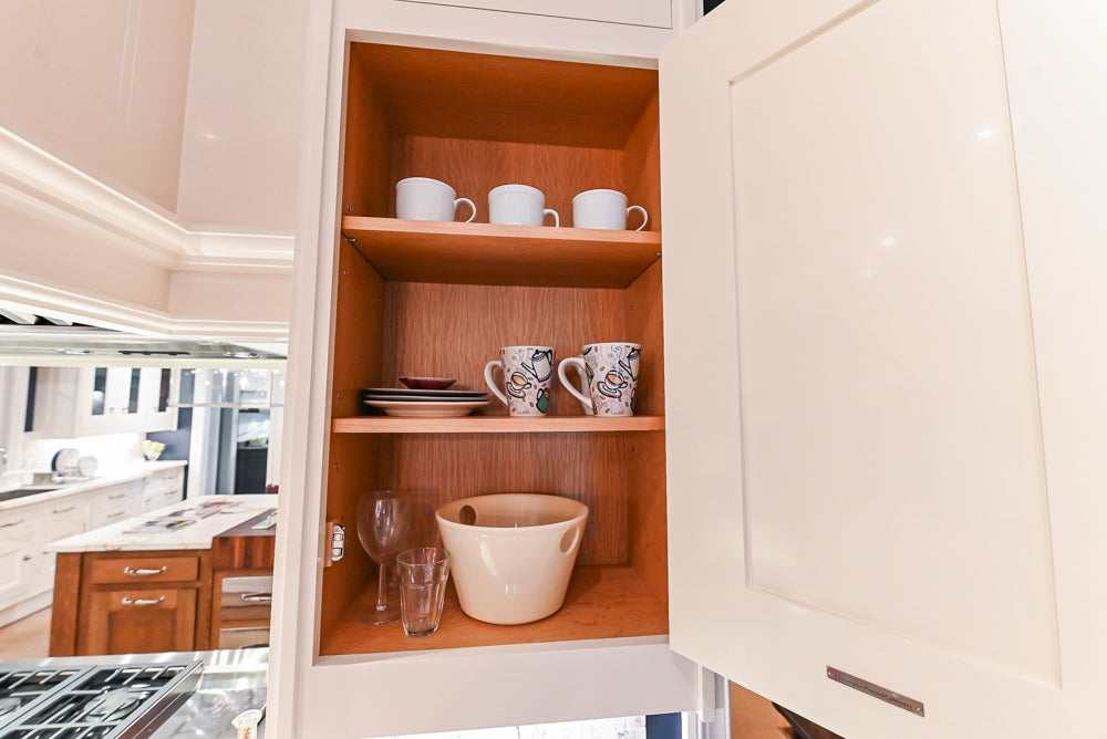 Christopher Peacock Refectory White Kitchen with Wooden Island, Marble Countertops and JennAir Appliances
