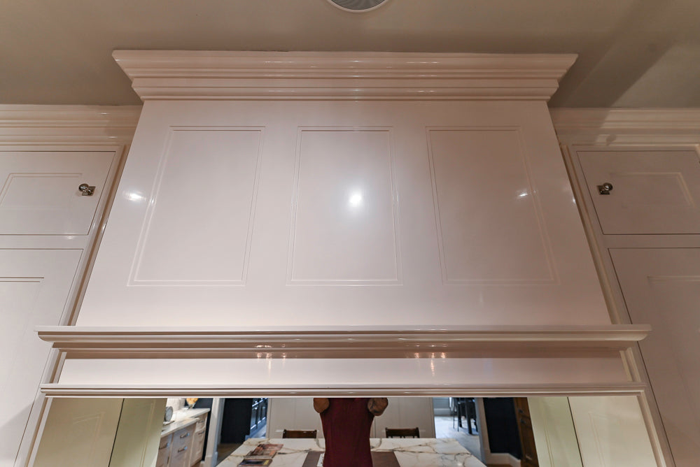 Christopher Peacock Refectory White Kitchen with Wooden Island, Marble Countertops and JennAir Appliances