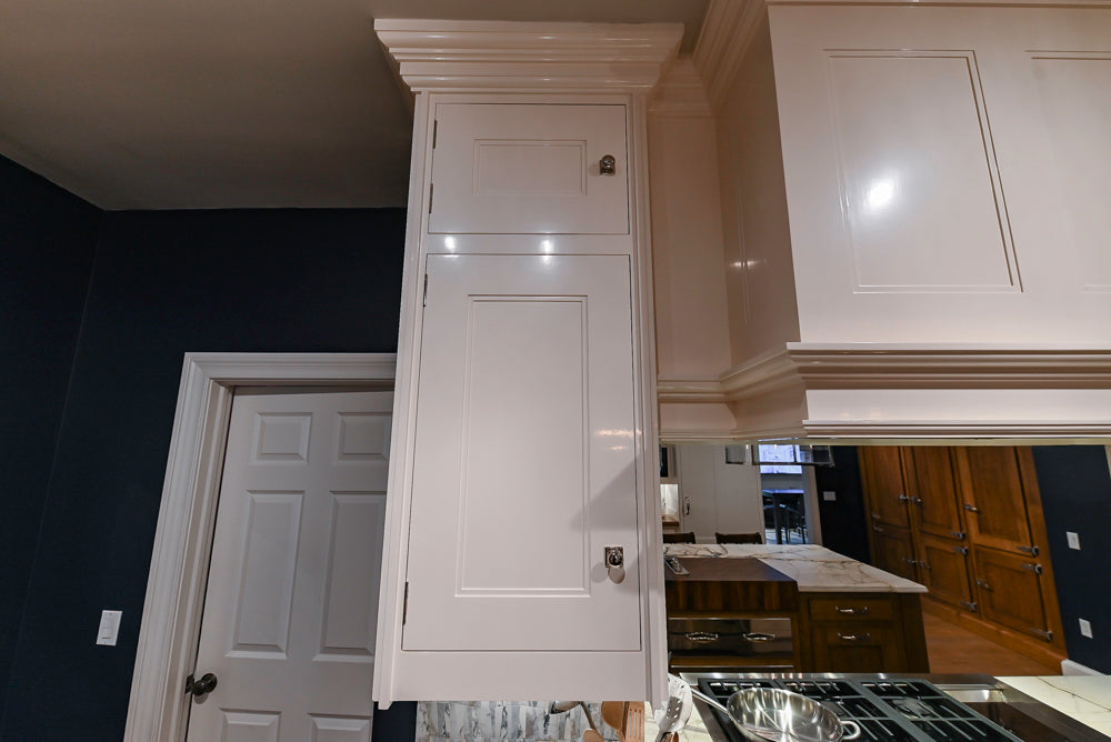 Christopher Peacock Refectory White Kitchen with Wooden Island, Marble Countertops and JennAir Appliances
