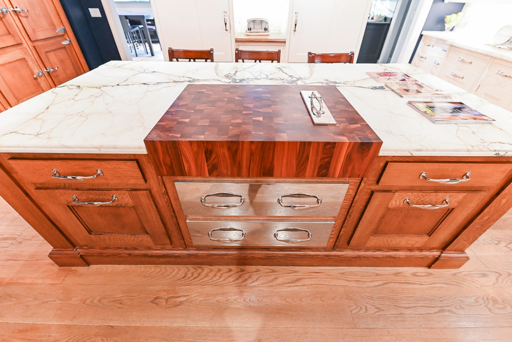 Christopher Peacock Refectory White Kitchen with Wooden Island, Marble Countertops and JennAir Appliances