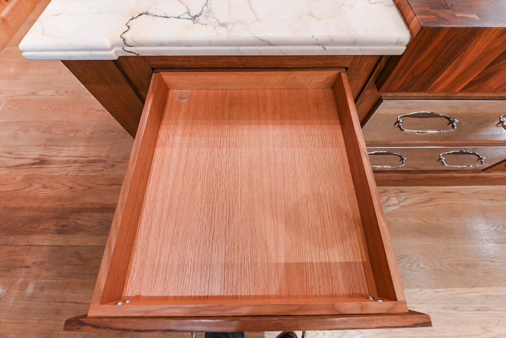 Christopher Peacock Refectory White Kitchen with Wooden Island, Marble Countertops and JennAir Appliances