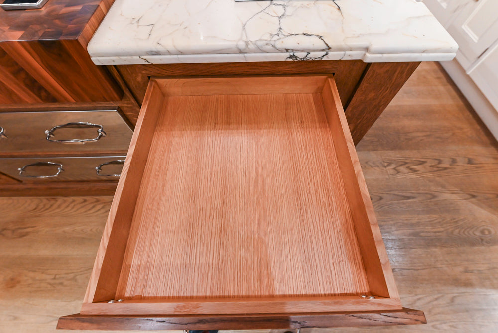 Christopher Peacock Refectory White Kitchen with Wooden Island, Marble Countertops and JennAir Appliances