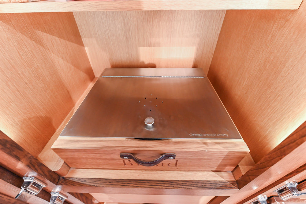 Christopher Peacock Refectory White Kitchen with Wooden Island, Marble Countertops and JennAir Appliances