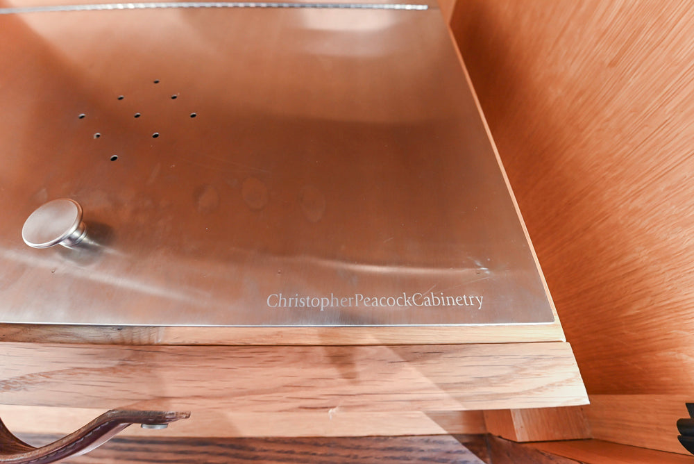 Christopher Peacock Refectory White Kitchen with Wooden Island, Marble Countertops and JennAir Appliances