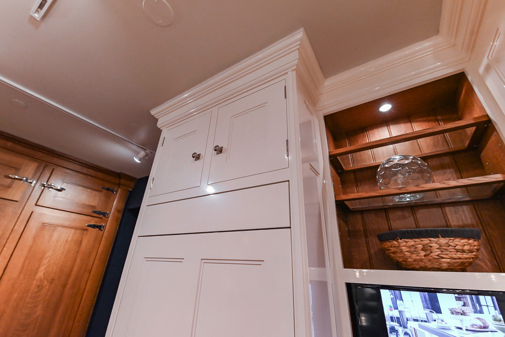 Christopher Peacock Refectory White Kitchen with Wooden Island, Marble Countertops and JennAir Appliances