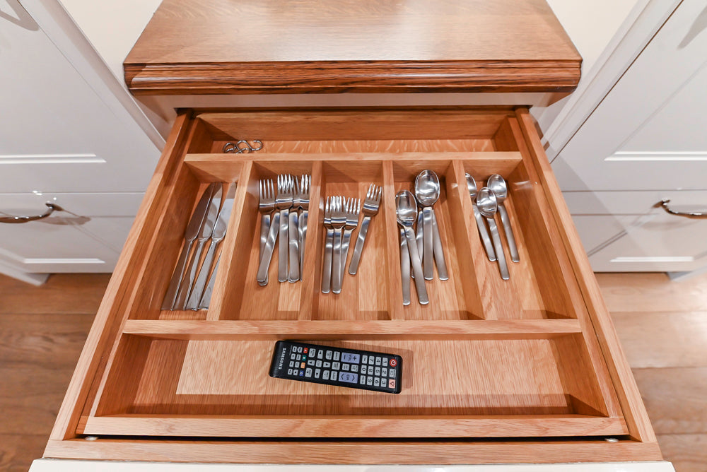 Christopher Peacock Refectory White Kitchen with Wooden Island, Marble Countertops and JennAir Appliances