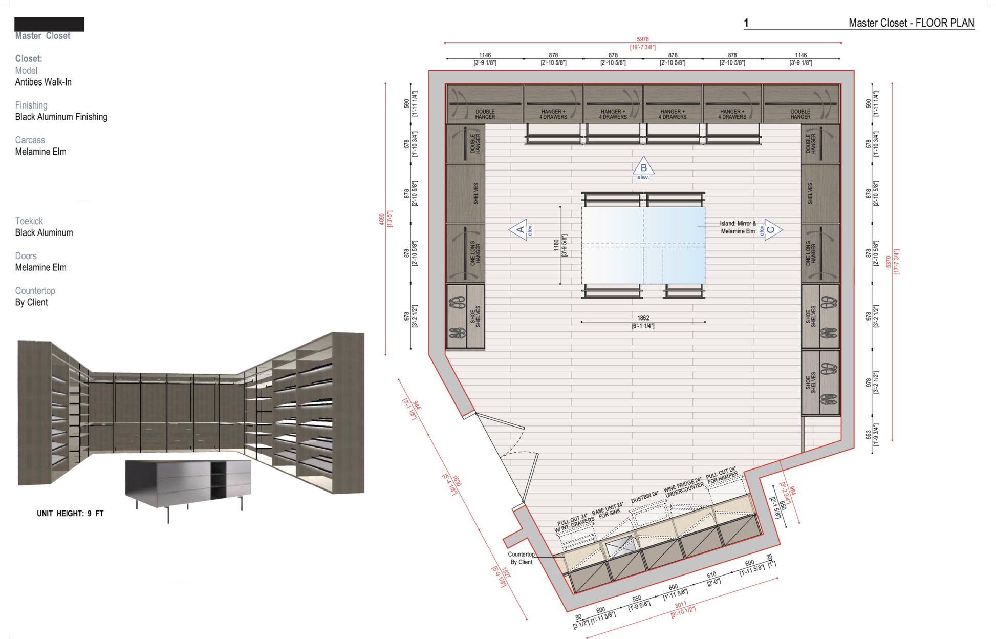 Boffi Antibes Walk-In Master Closet with Melamine Elm Doors