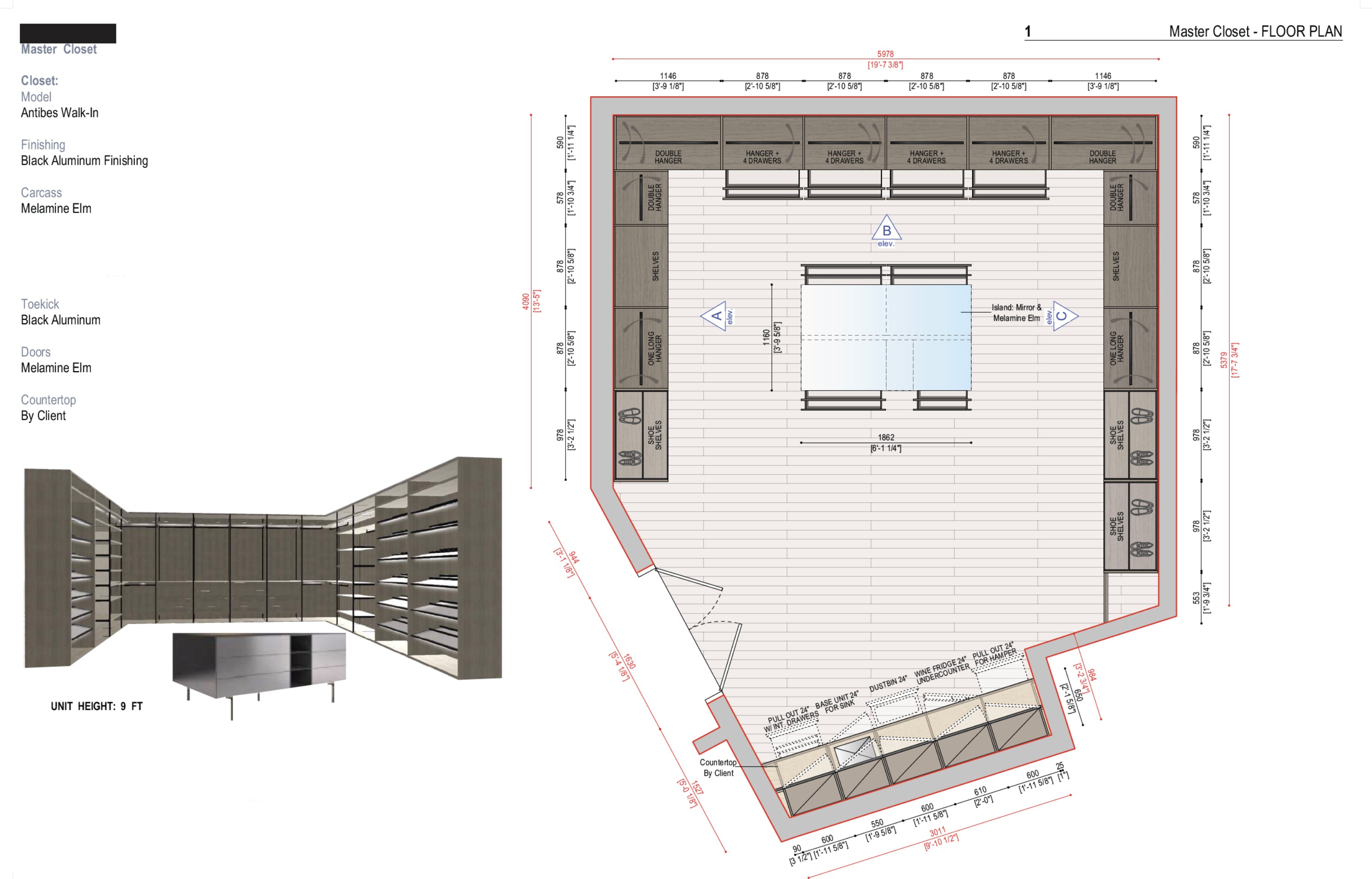Boffi Antibes Walk-In Master Closet with Melamine Elm Doors