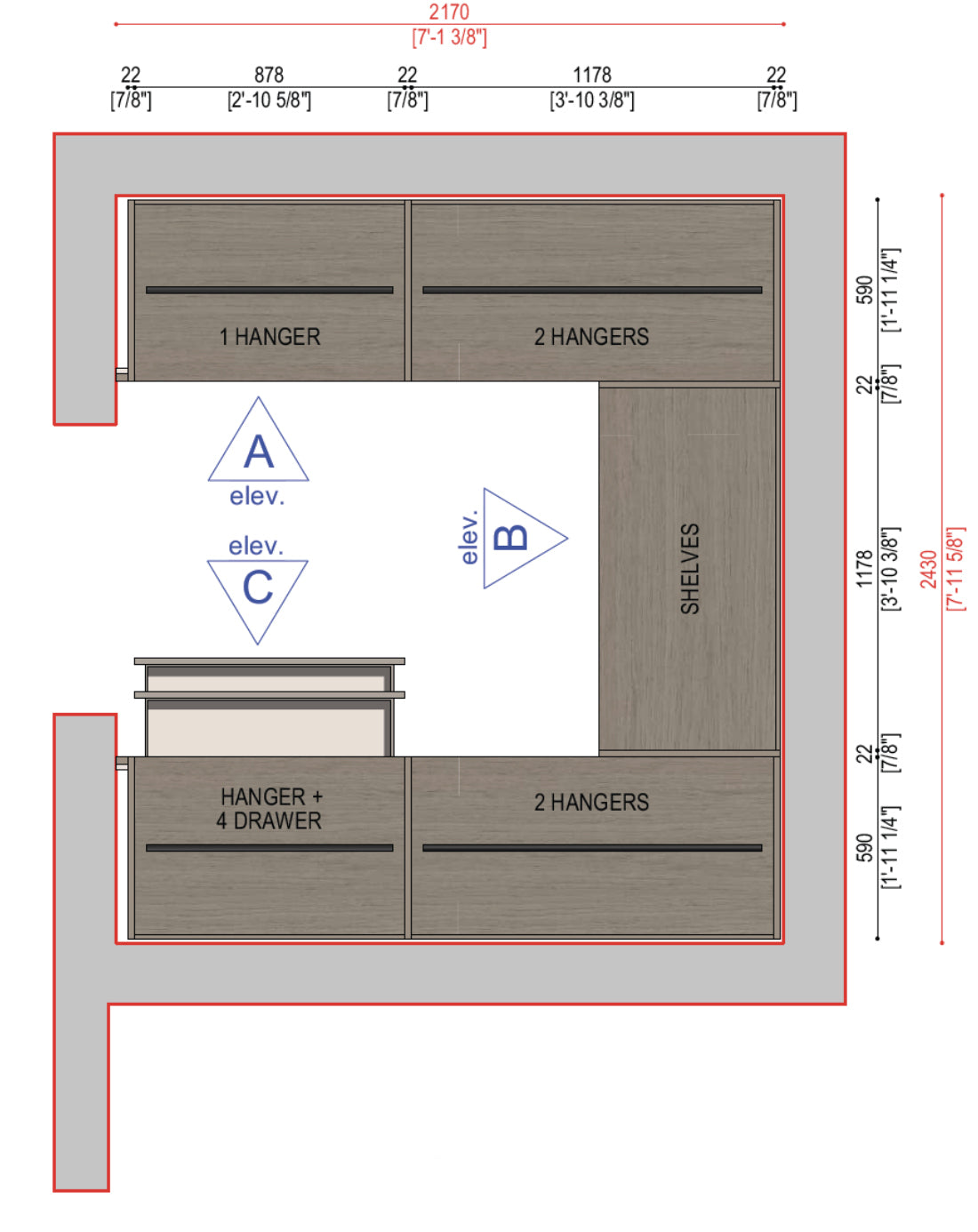Boffi Antibes Walk-In Bedroom Closet with Melamine Elm Doors