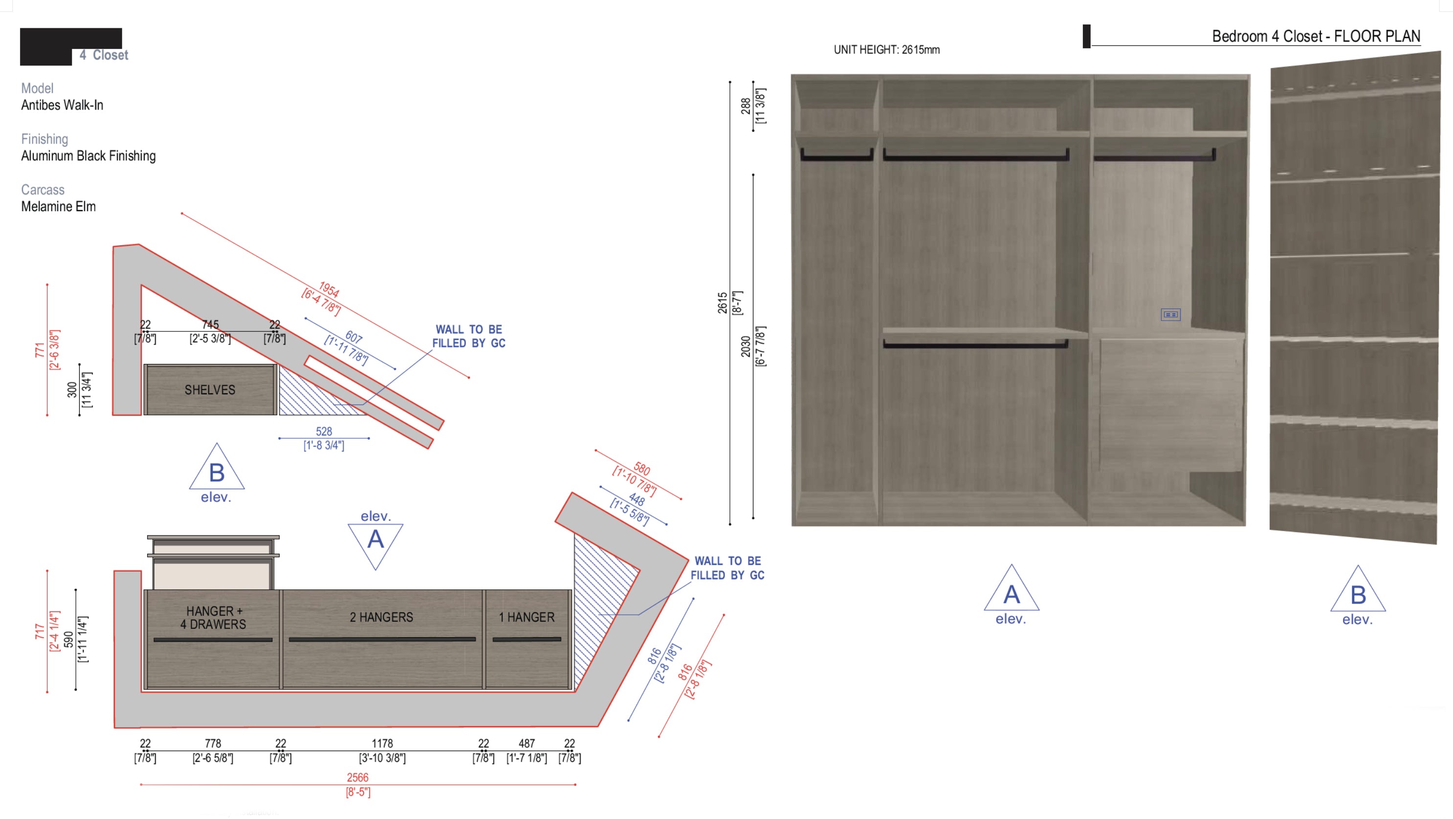 Boffi Antibes Walk-In Bedroom Closet with Melamine Elm Doors