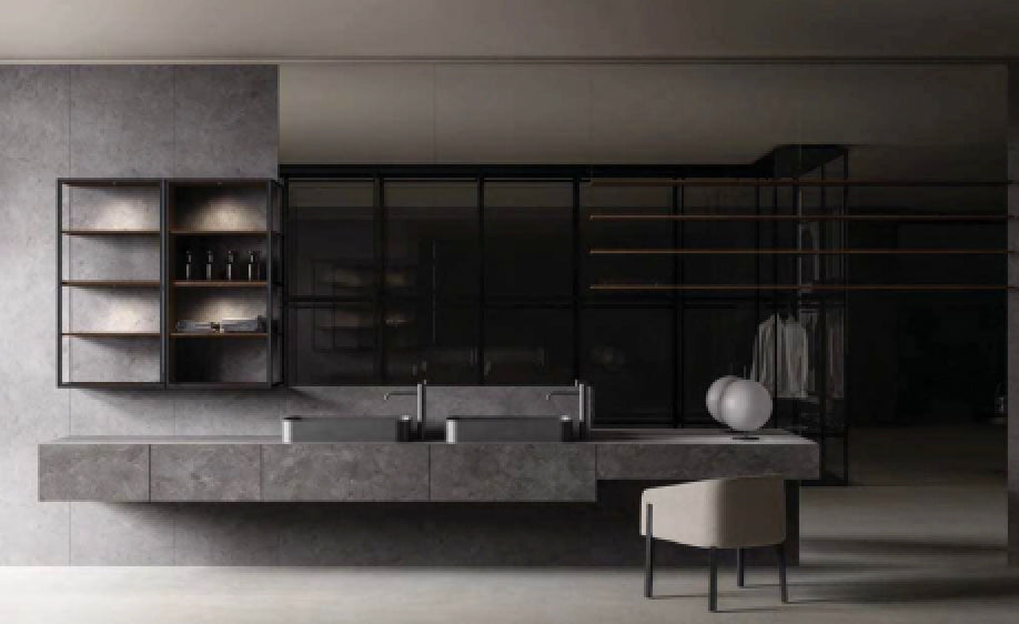 Boffi Upper Units Master Bathroom with Calacatta Stone and Ecowood Planked Sand Finish