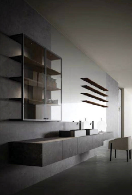 Boffi Upper Units Master Bathroom with Calacatta Stone and Ecowood Planked Sand Finish