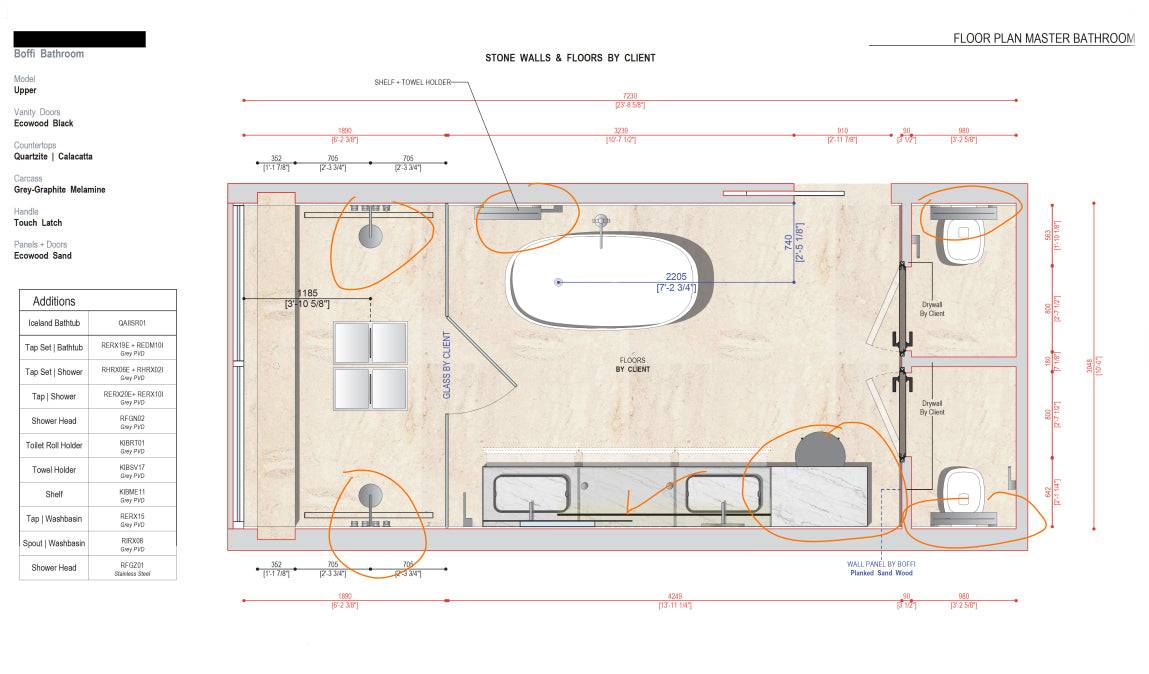 Boffi Upper Units Master Bathroom with Calacatta Stone and Ecowood Planked Sand Finish