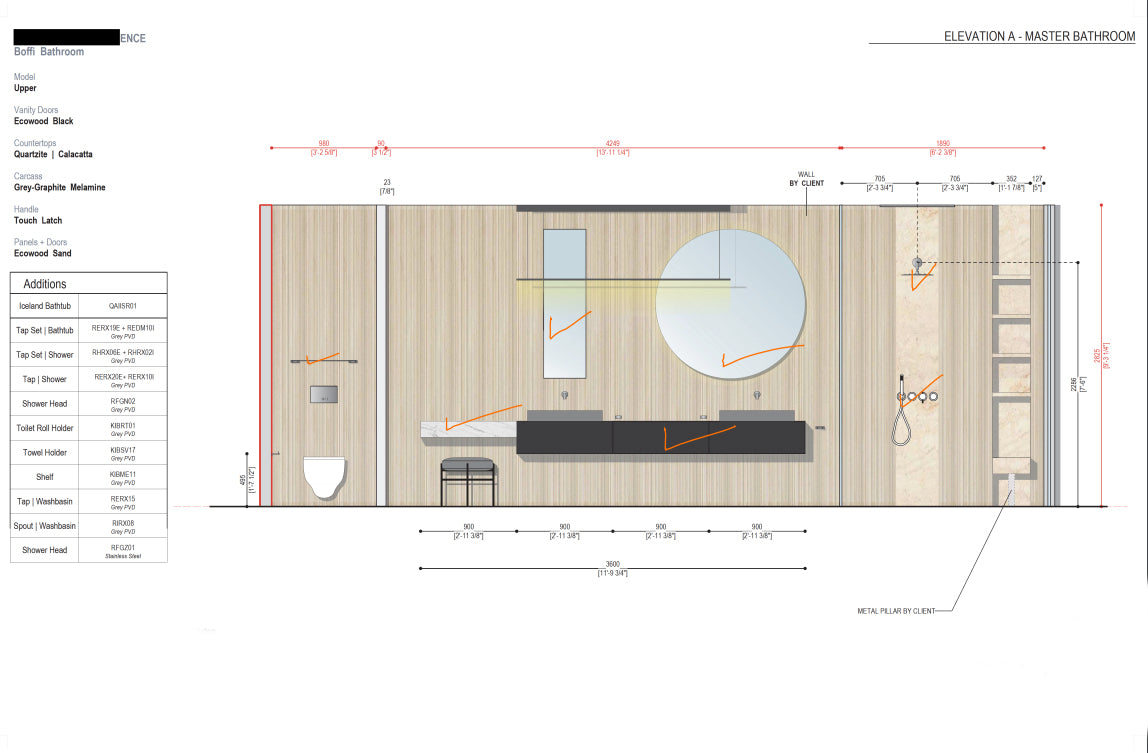 Boffi Upper Units Master Bathroom with Calacatta Stone and Ecowood Planked Sand Finish