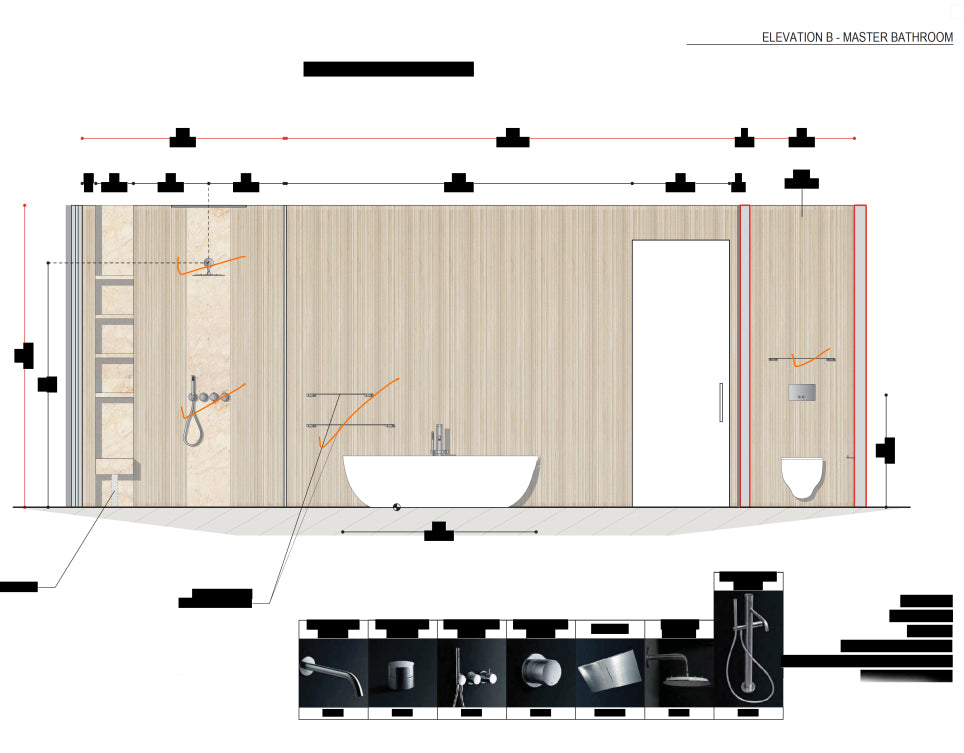 Boffi Upper Units Master Bathroom with Calacatta Stone and Ecowood Planked Sand Finish