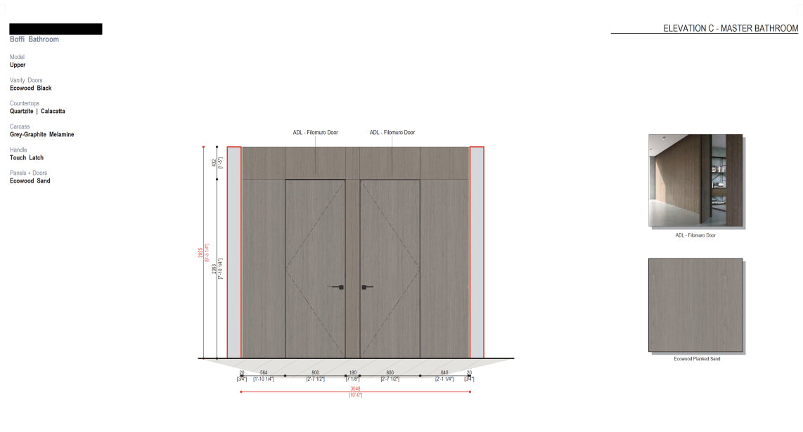 Boffi Upper Units Master Bathroom with Calacatta Stone and Ecowood Planked Sand Finish