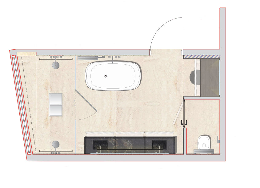 Boffi Uppers Units VIP Bathroom with Ecowood Planked Sand Finish & Black Cosmic Granite Countertops