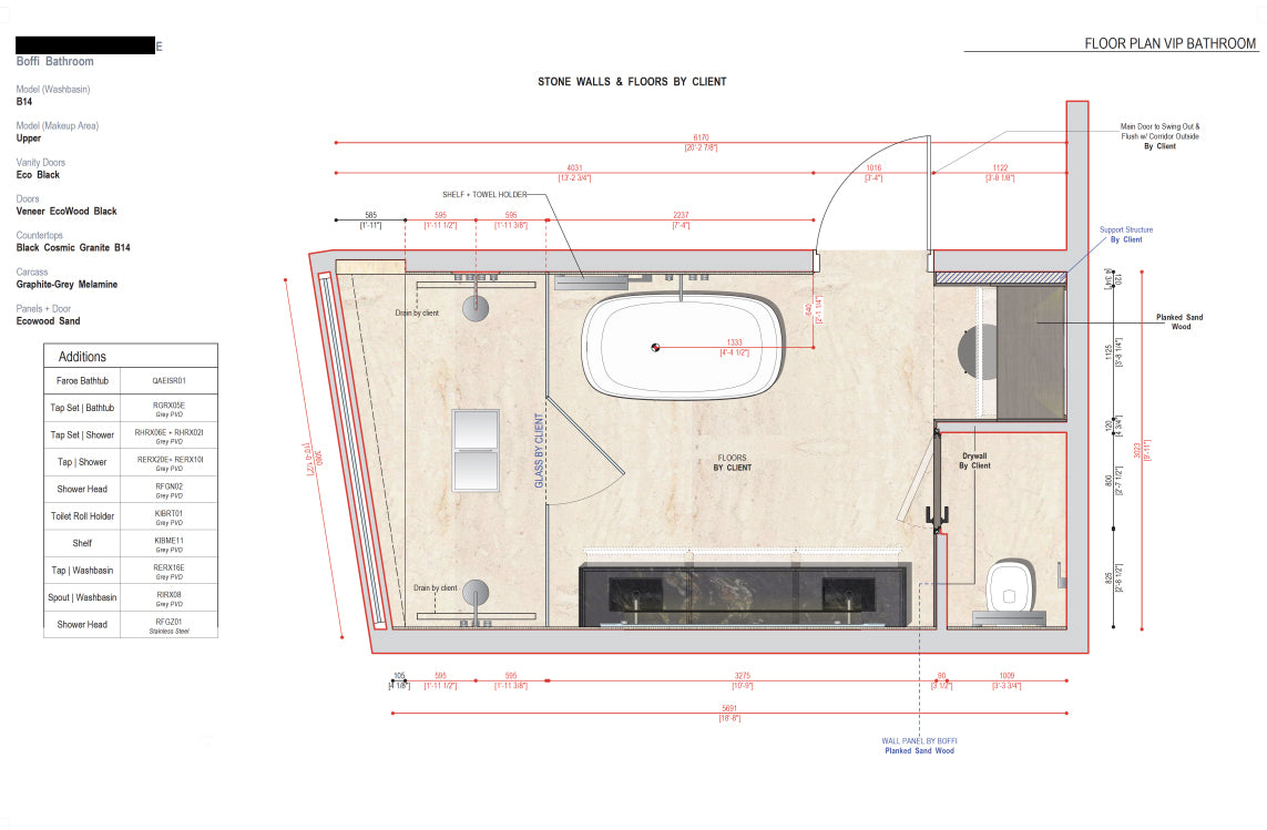 Boffi Uppers Units VIP Bathroom with Ecowood Planked Sand Finish & Black Cosmic Granite Countertops