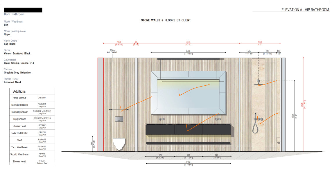 Boffi Uppers Units VIP Bathroom with Ecowood Planked Sand Finish & Black Cosmic Granite Countertops