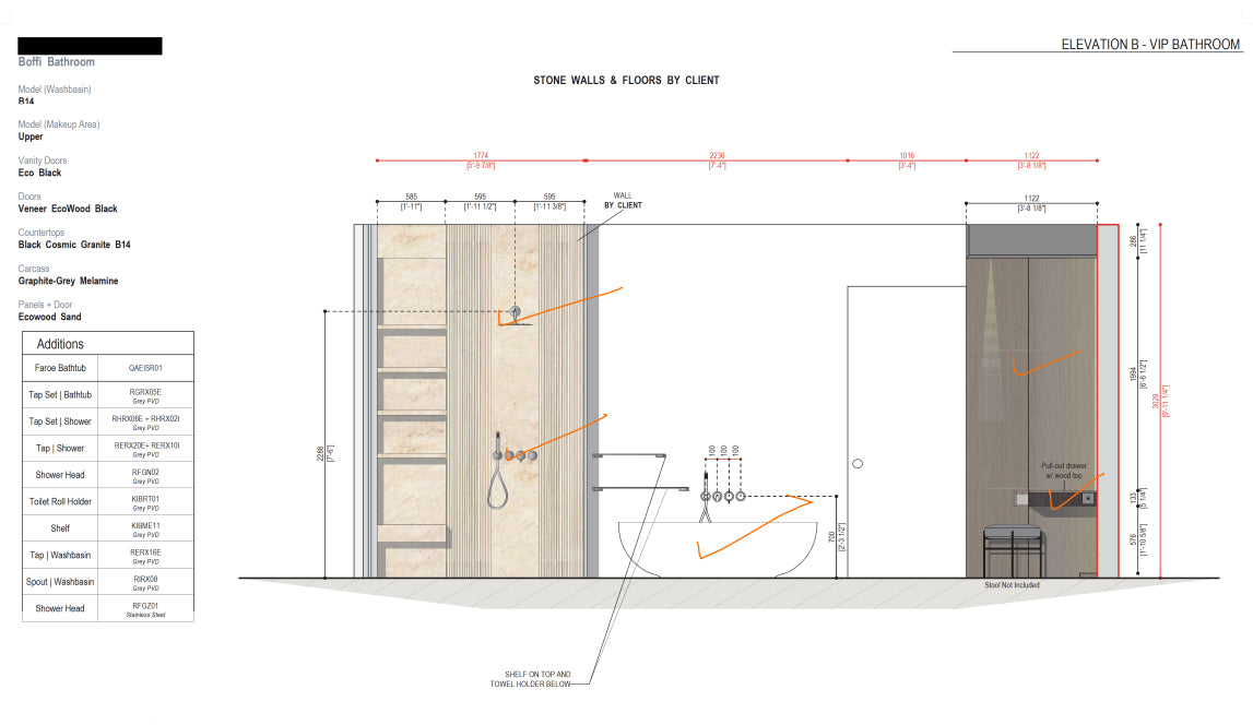 Boffi Uppers Units VIP Bathroom with Ecowood Planked Sand Finish & Black Cosmic Granite Countertops
