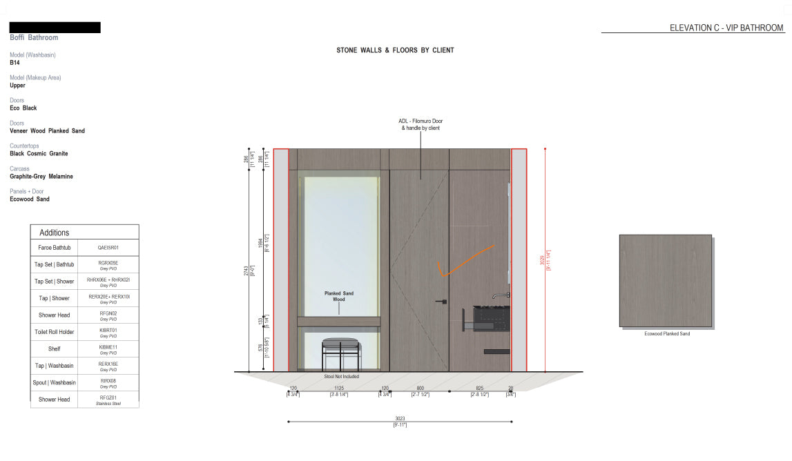Boffi Uppers Units VIP Bathroom with Ecowood Planked Sand Finish & Black Cosmic Granite Countertops